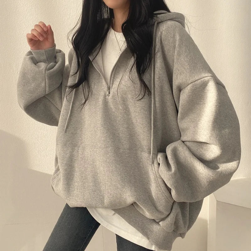 Women Hoodie  Loose Oversized Solid Color Top Half Zip Up Sweatshirt