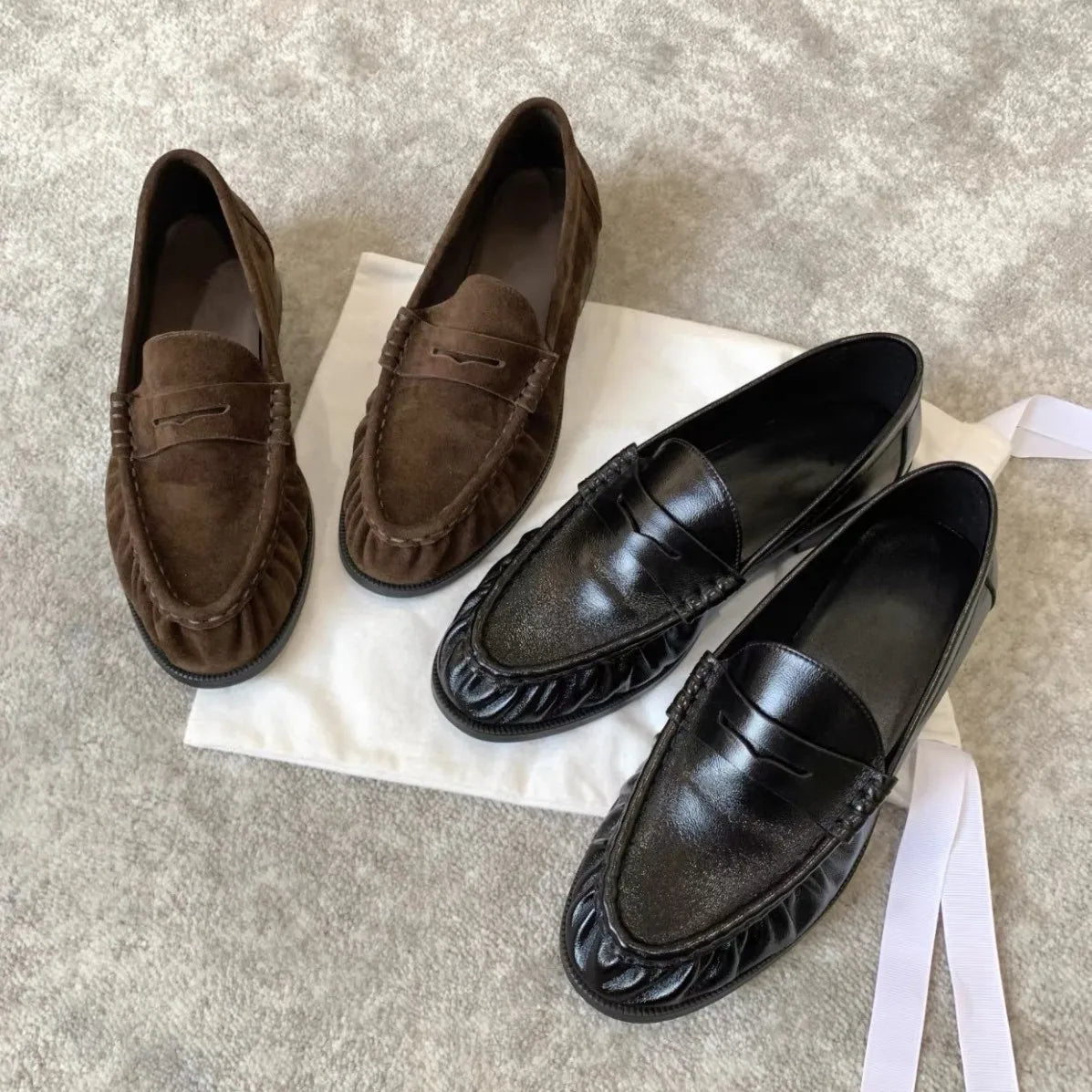Women's Elegant Slip-On Loafers Ruched Detail Premium Suede Leather Flat Casual loafer