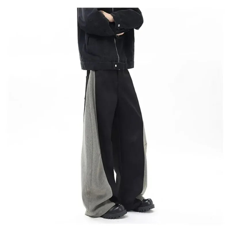 Men's Panel Wide-Leg Pants Contrast Herringbone Side Stripe Baggy Fit