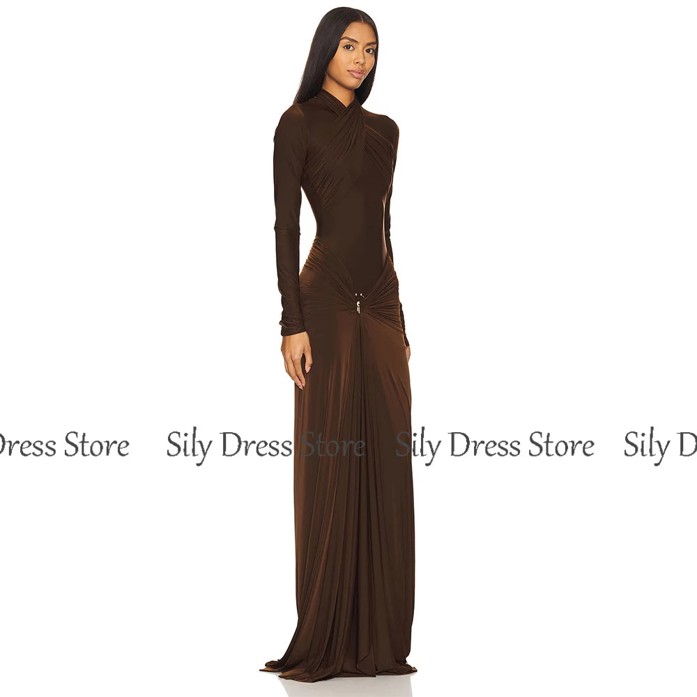 Brown Halter Pleat Front Split  Gown