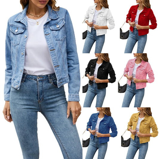 Women's Denim Jackets Fashion Female Casual Long Sleeve Lapel Slim Jean Jacket
