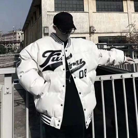 Winter PU Leather Baseball Jacket Men and Women  Patchwork Letter Embroidery
