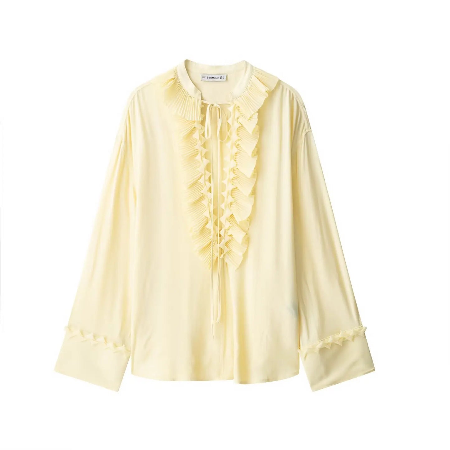 HH Women's Fashion Blouses Light Yellow V-Neck Long Sleeves Tierred Decoration