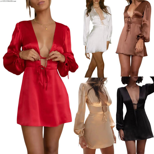 Deep V Neck Sexy Lace-Up Long Sleeve High Waist Slim Fit Mini Short Dress
