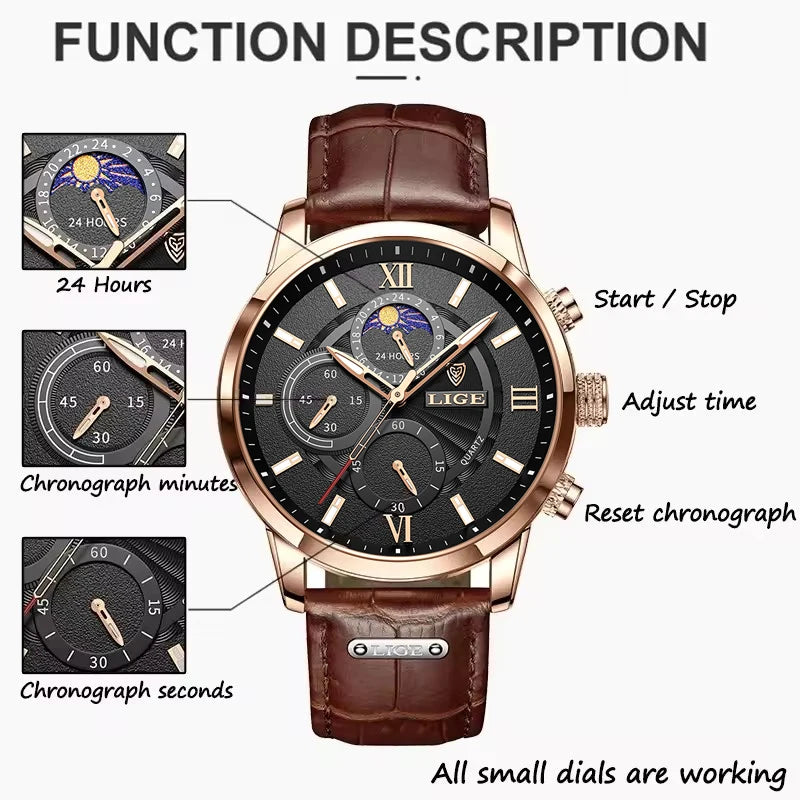 Men's Watches LIGE  WristWatch Leather Quartz Watch Sports Waterproof
