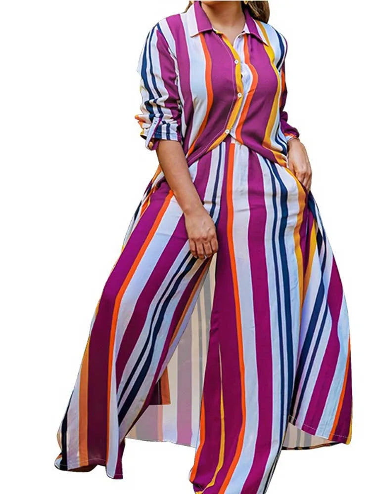 Elegant 2-piece Sets for Women  Long Shirt Blouse Full Sleeve Striped Plus Size Matching Sets