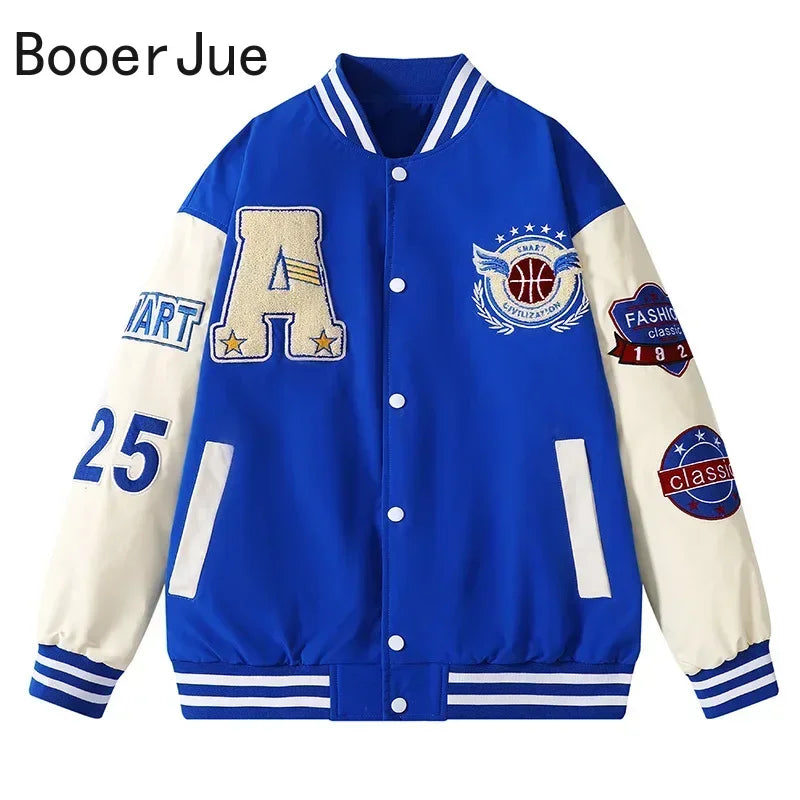 Varsity Baseball Bomber Jacket Bone Letter Patchwork Leather Jackets