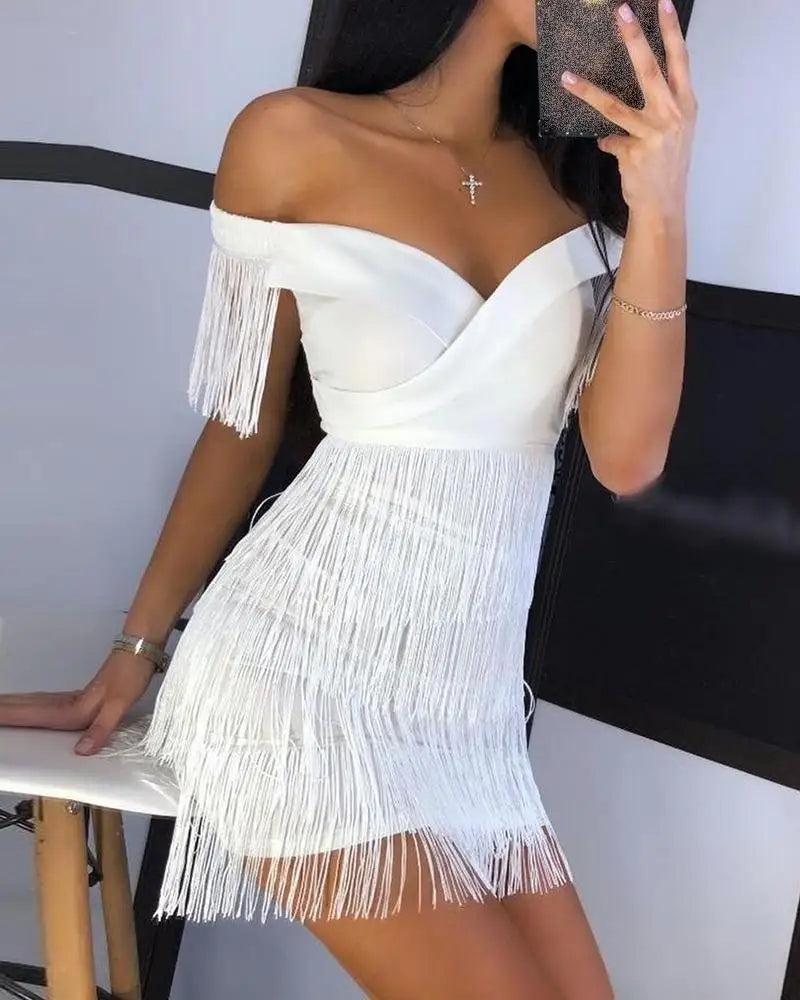Sexy Big V Neck One-shoulder Fringed Skirt Ladies Slim Short Sleeve Dress