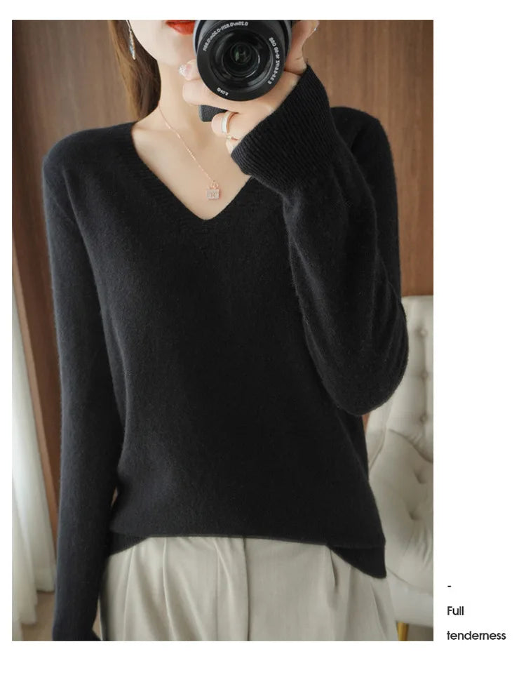 Women's Sweater  Knitted Pullovers V-neck Slim Fit Bottoming Shirt