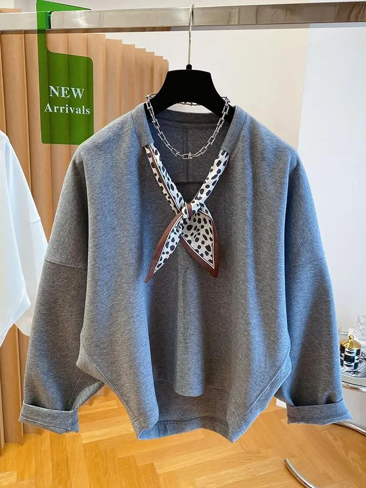Women's Solid Color Sweatshirt with Scarf