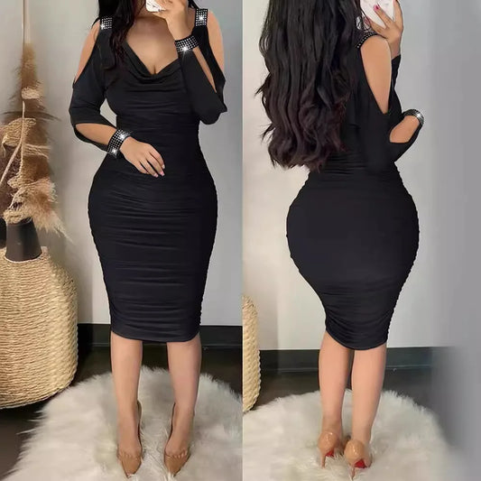 V-Neck Women's Pleated Wraps Hips Diamond-Encrusted Bare Shoulder Dress