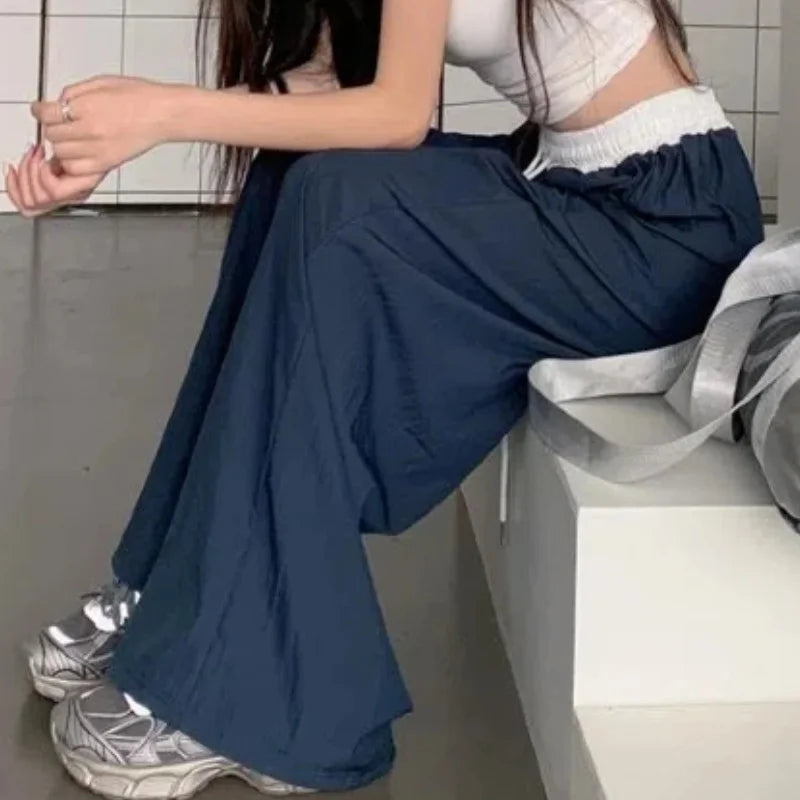 Chic Matching Loose Women's Wide Leg Pants Elastic Waist Drawstring