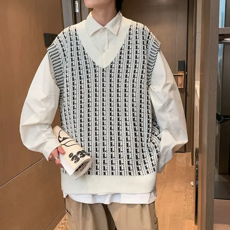 Knitwear Sweater Male  Knitted Vest Y2k Streetwear Style