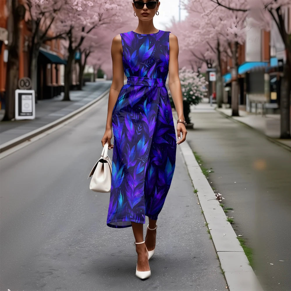 Breathable A-Line Sleeveless Chic Blue & White Dress