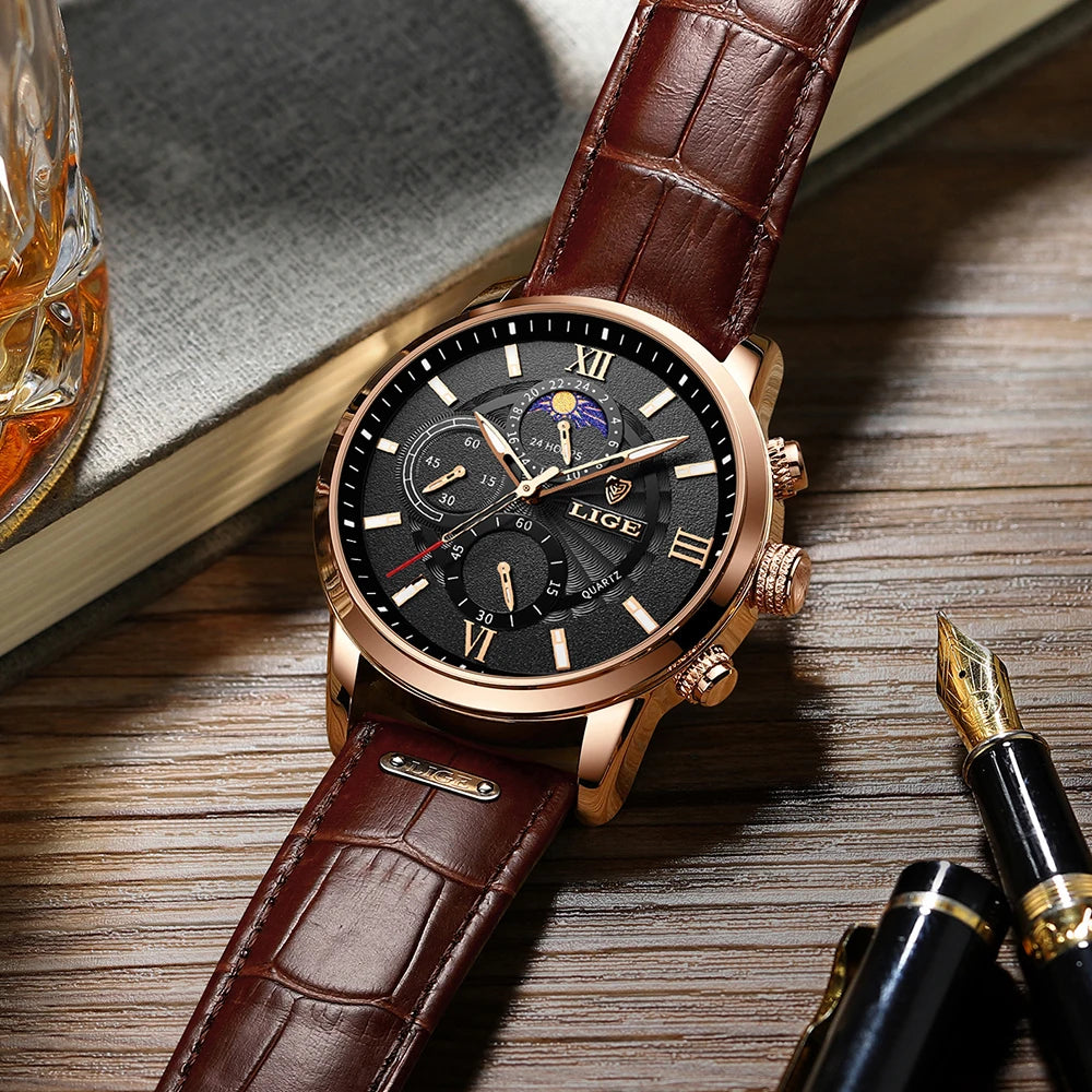 Men's Watches LIGE  WristWatch Leather Quartz Watch Sports Waterproof
