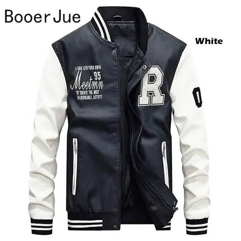 Embroidered Leather Pu Coats Slim Fit College Fleece Luxury Pilot Jackets