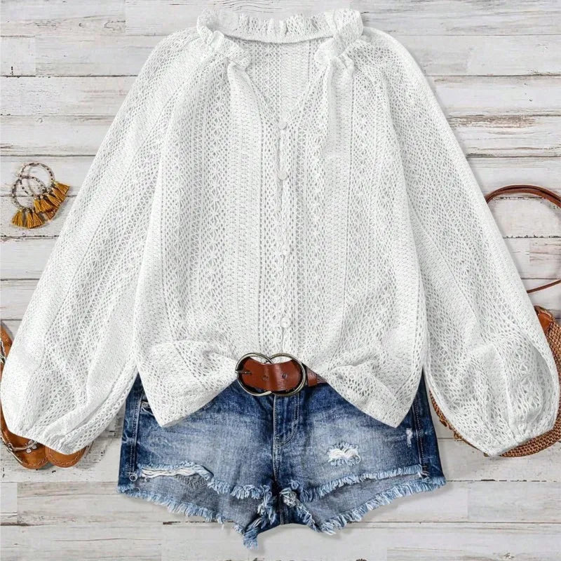 Women's Blouses  Loose Fashion Simple All-Match Hollow Lace V-neck Single Breaked