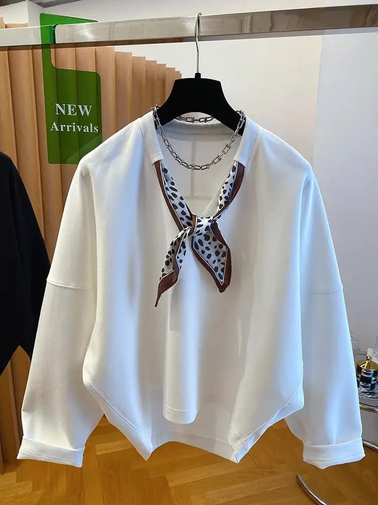 Women's Solid Color Sweatshirt with Scarf