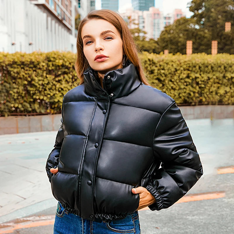 Women Black PU Leather Parkas Elegant Zipper Coat Cotton Padded Punk Outwear