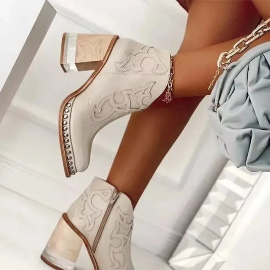 Female Ankle Boots  Leather Women's Shoes Low Heel Embroidered Design Soft Short Boots