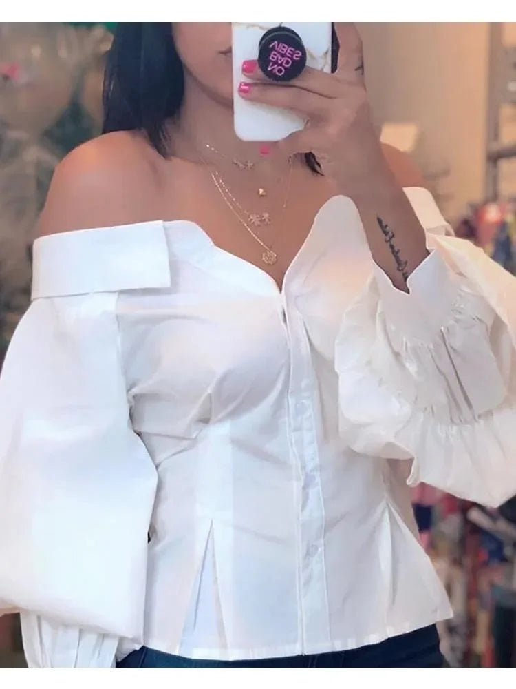 Elegant White Shirts for Women Lantern Sleeve Off Shoulder Top