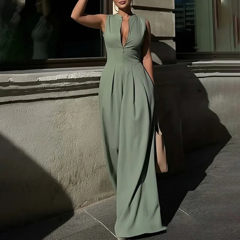 women's sleeveless jumpsuit V-neck zipper design