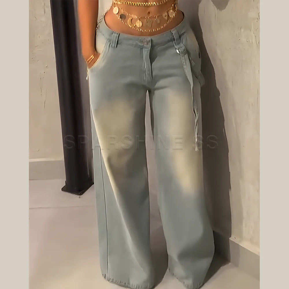 Jeans for Women Straight Pants Vintage Denims Washed Mid Waist Loose Fit Wide Leg Denim