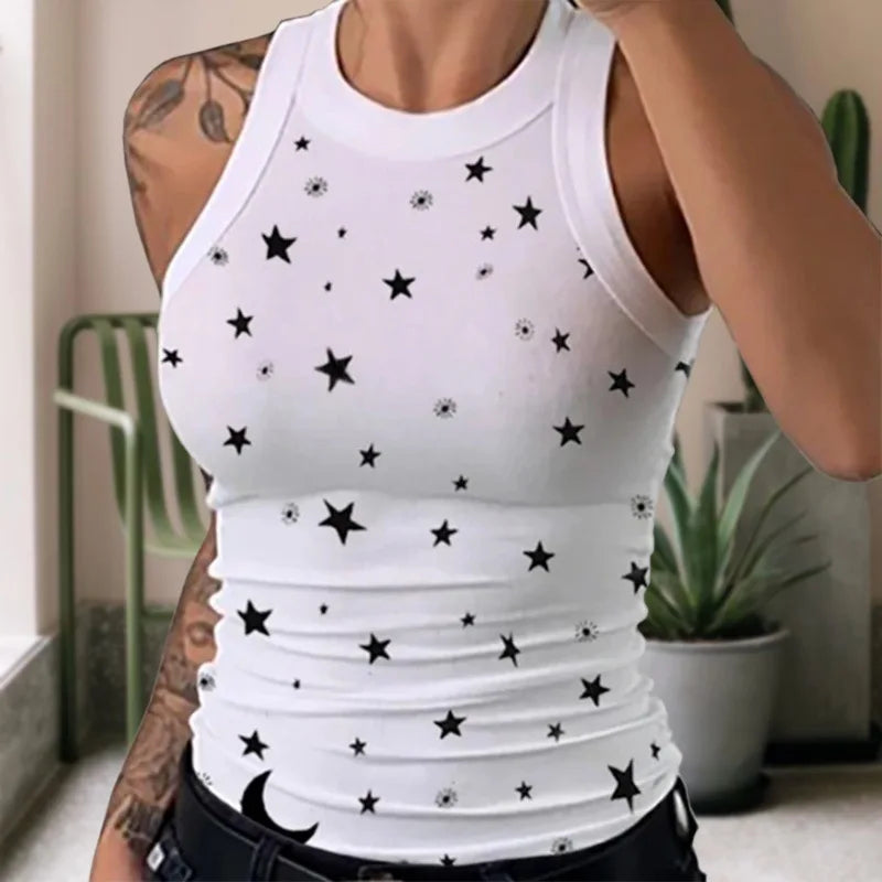 Women's  Tops Tanks Camis Digital printed round neck I-shaped vest