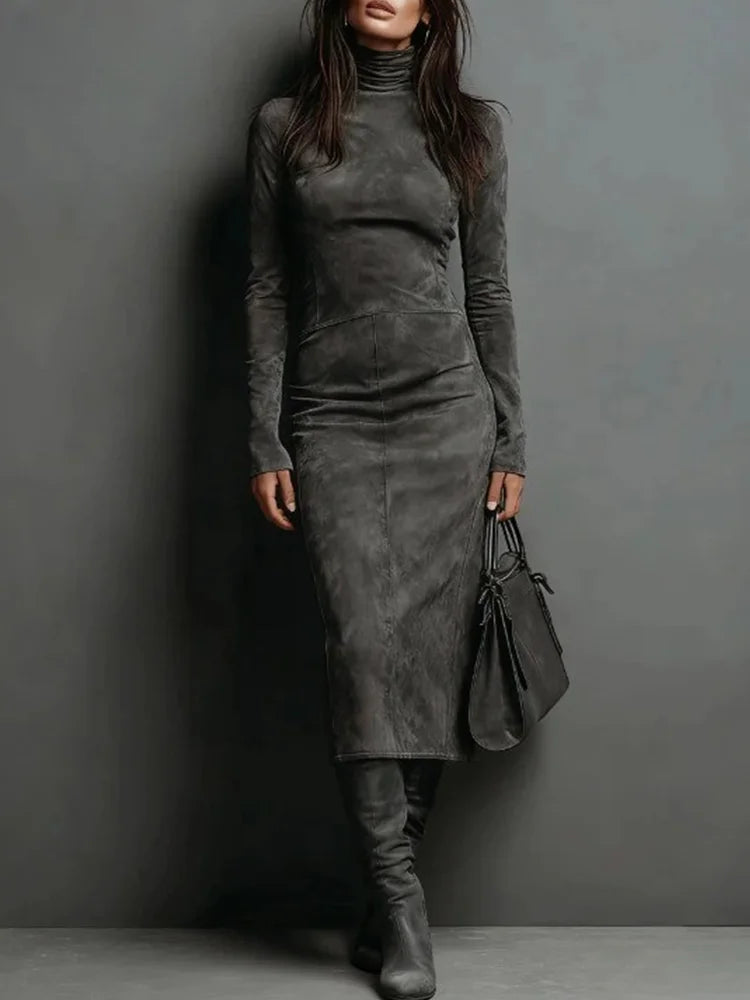 Retro Long Sleeve Turtleneck Suede Leather Vintage Dress