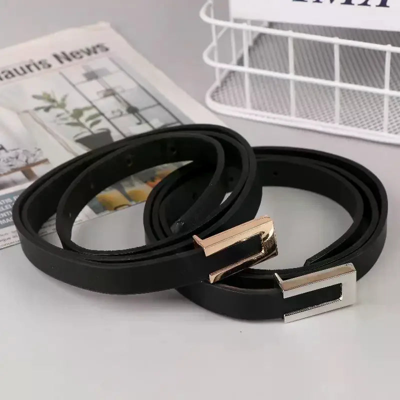 Women Thin Belt Black Gold Silver Metal Buckle Belt