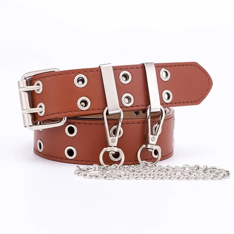 Women Trouser Belt Punk Cool Metal Buckle Adjustable Eyelet Leather Fashion