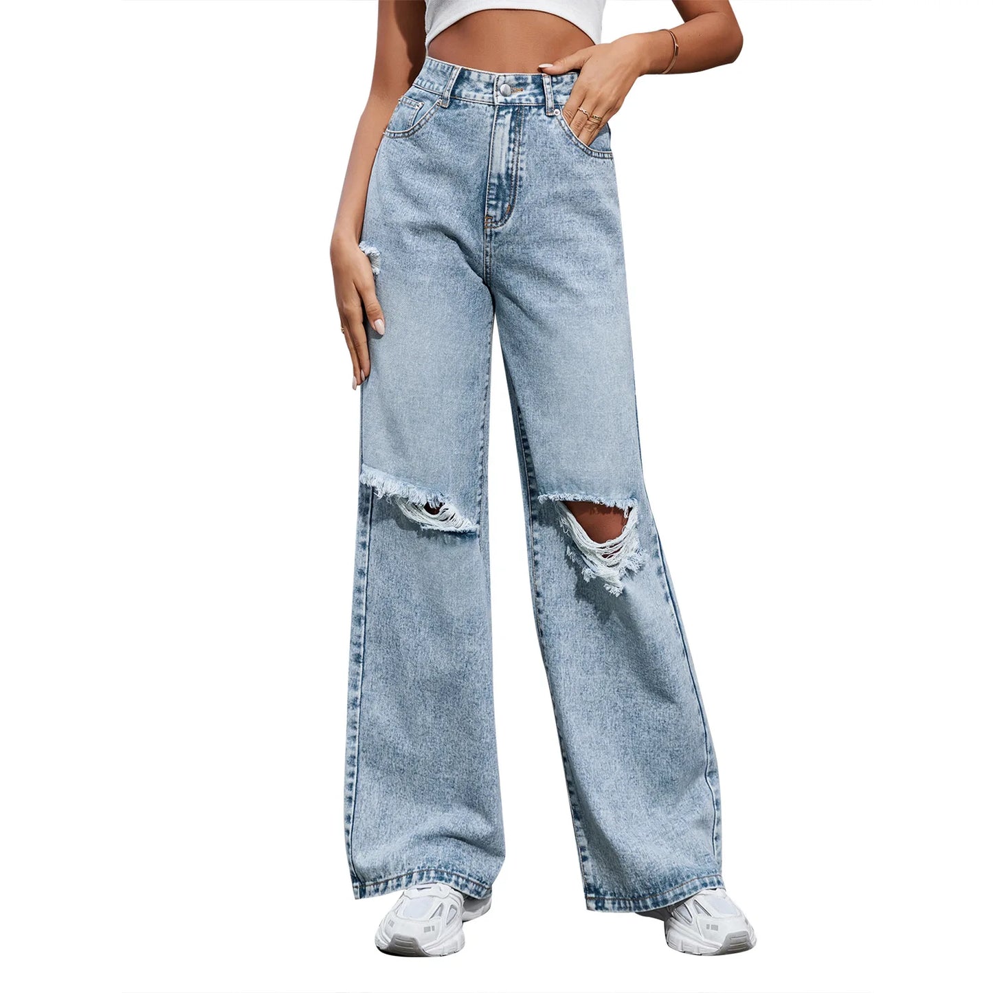 Women's Fashion Ripped High Waist Wide Leg Casual  Boyfriend