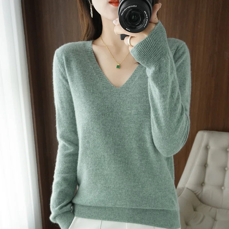 Women's Sweater  Knitted Pullovers V-neck Slim Fit Bottoming Shirt