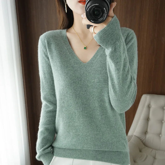 Women's Sweater  Knitted Pullovers V-neck Slim Fit Bottoming Shirt