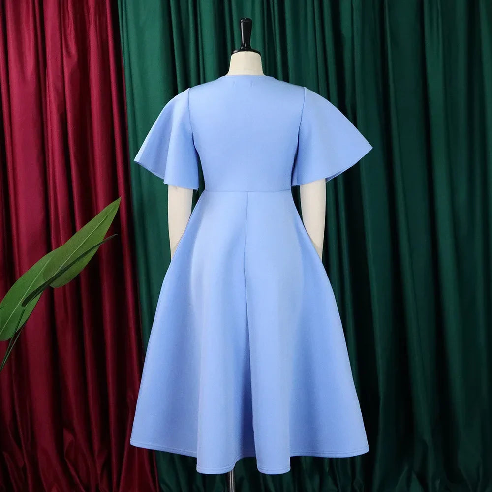 V Neck Flare Sleeve High Waisted Pleated A Line Mid Calf Luxury Dress