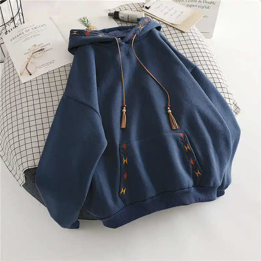 Women's Hoodie Drawstring Tassel Exquisite Embroidery Large Pocket Thick Pullover