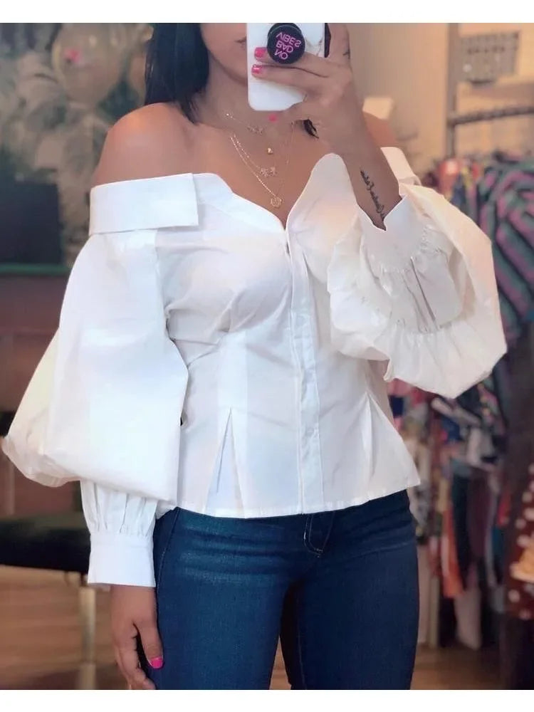 Elegant White Shirts for Women Lantern Sleeve Off Shoulder Top