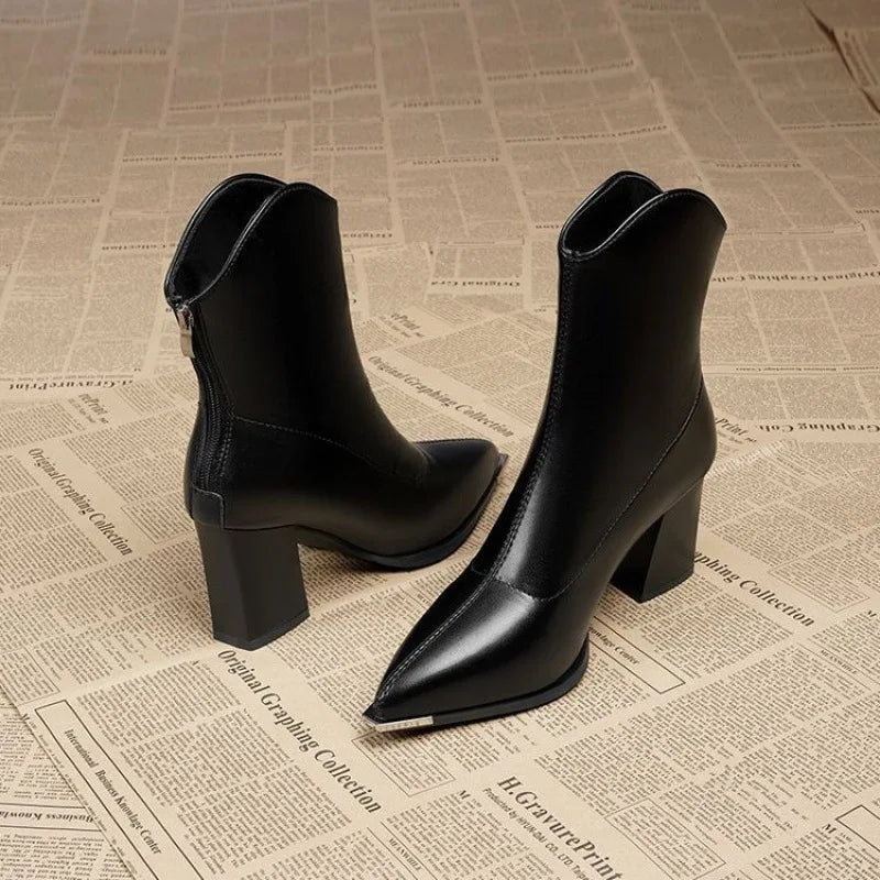 Women's autumn winter thick heeled pointed high-heeled short boots anti slip warm  shoes