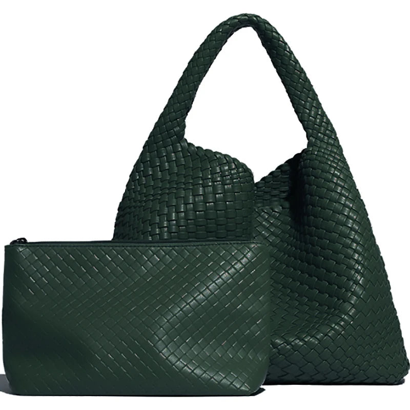 Large Woven Handbag Soft Leather Shoulder Bag Work Shopper Bag with Purse
