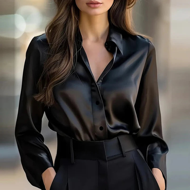 Elegant Blouses For WomenFlare Long Sleeve Button Silk Blouse