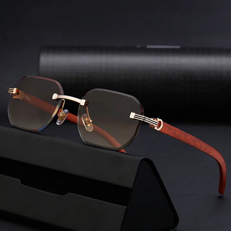 Trendy Rimless Sunglasses for Men Women Frameless Rectangle Wood Frame Sun Glasses