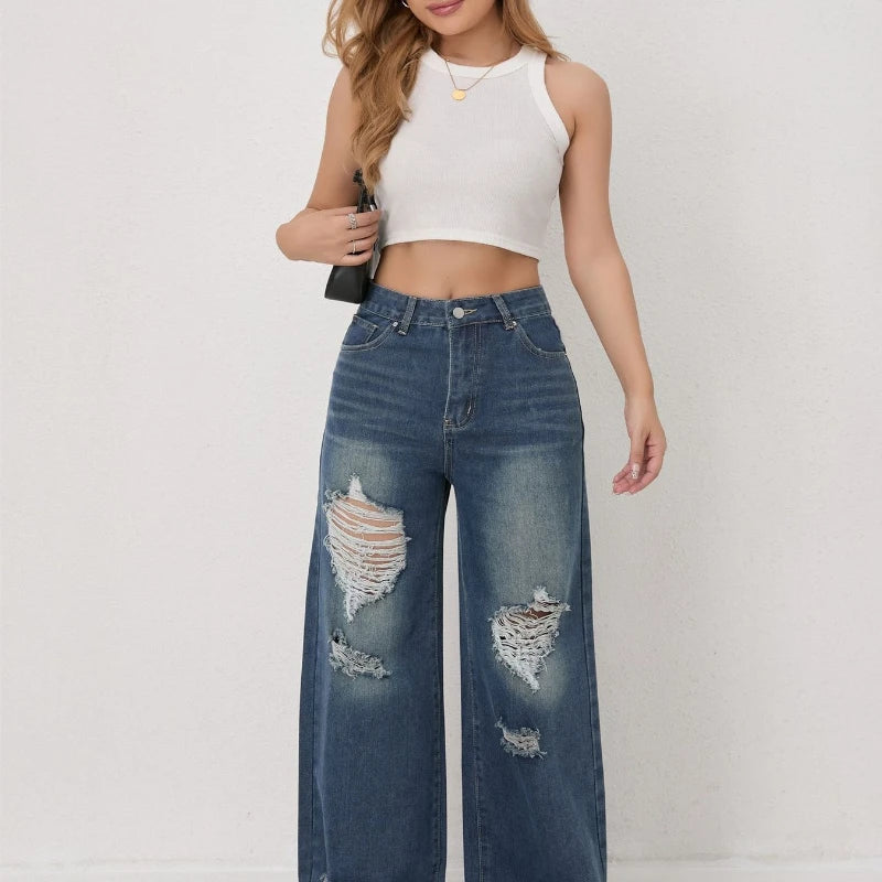 High-waisted Ripped Loose Wide-leg Jeans