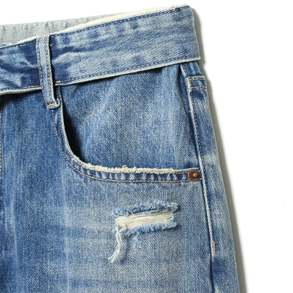 women's clothing  perforated mid waist folding waist jeans