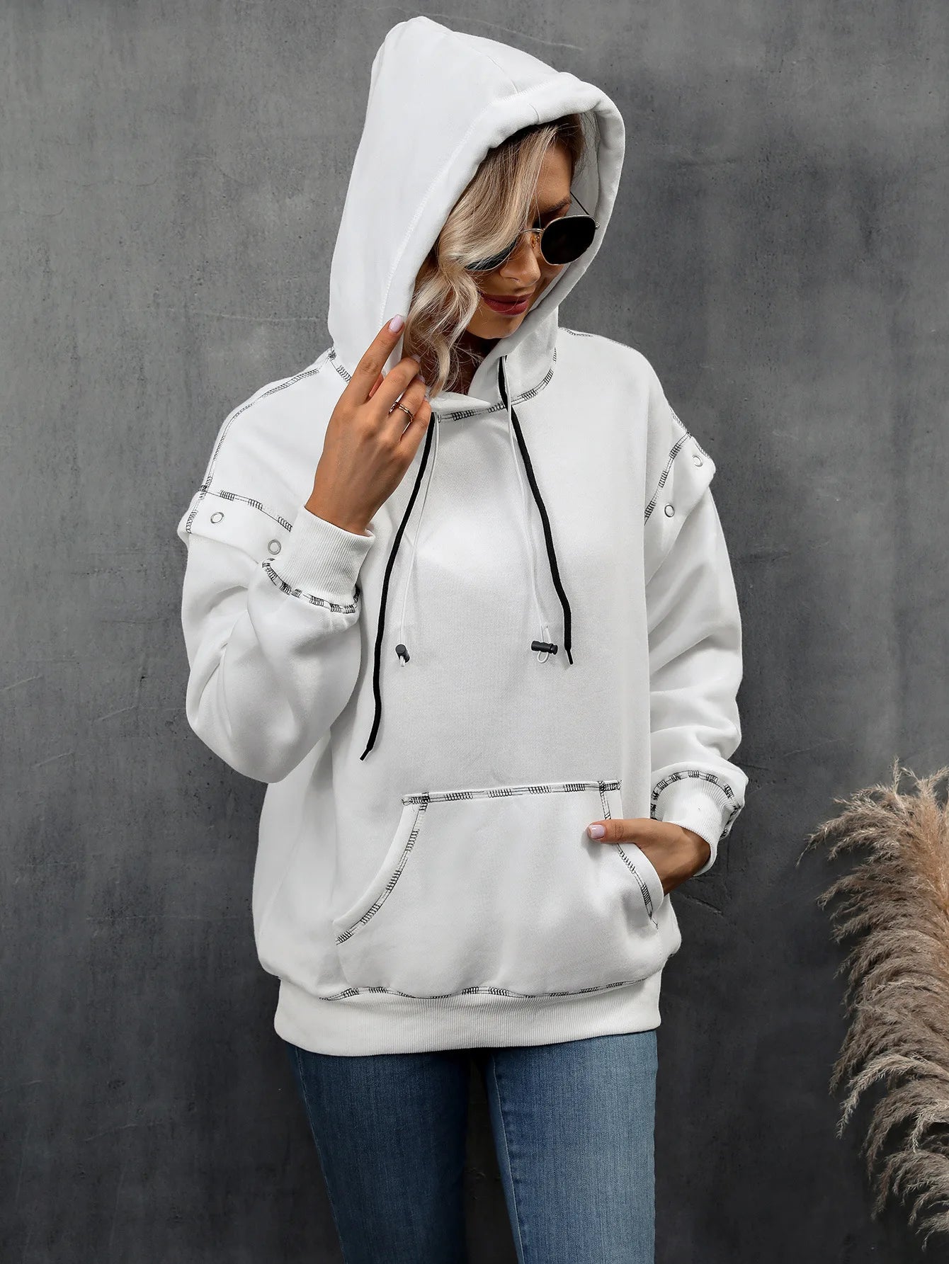 Women's Hooded Sweatshirt with Shoulder Sleeves and Drawstring