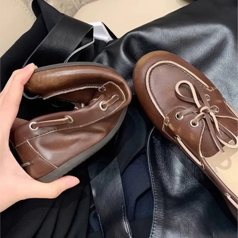 Women's Loafers Shoes Genuine Leather High Quality Round Toe Soft Bottom Flat Shoes
