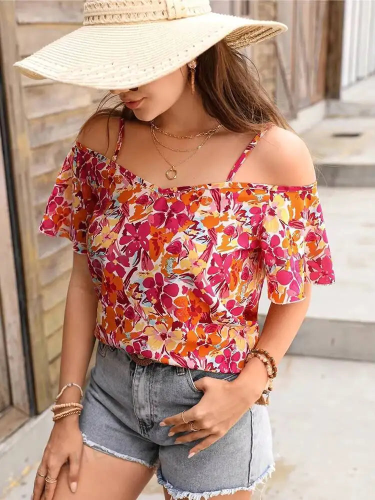 Blouse Spring Summer Colorful Floral Print Off Shoulder