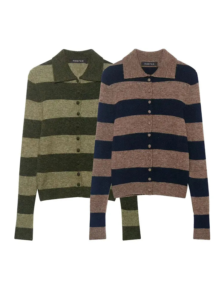 HH Sweater For Women Elegant Fashion Striped Knitted Cardigan Coat