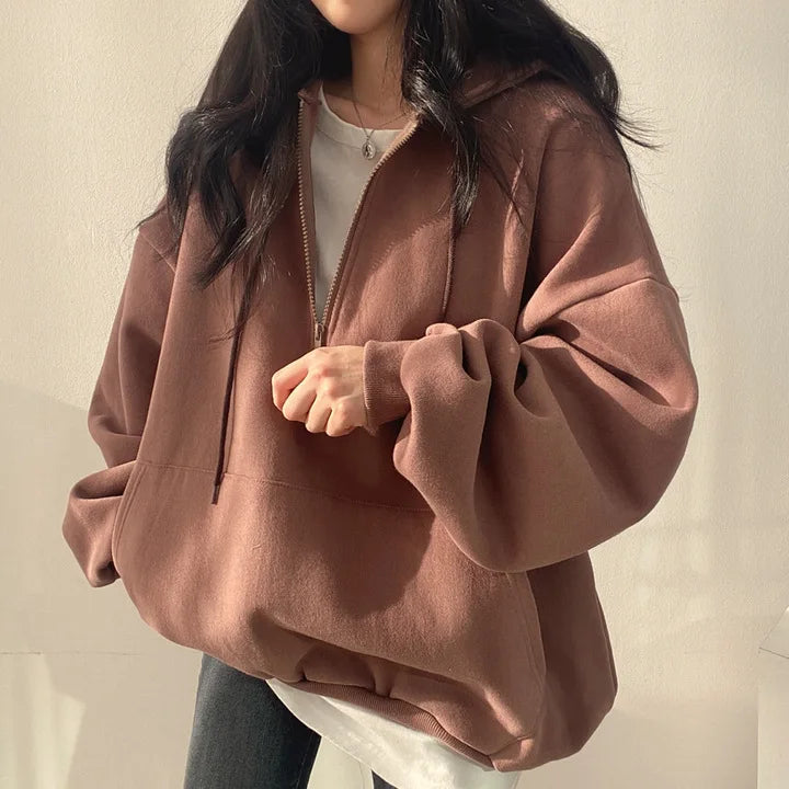 Women Hoodie  Loose Oversized Solid Color Top Half Zip Up Sweatshirt