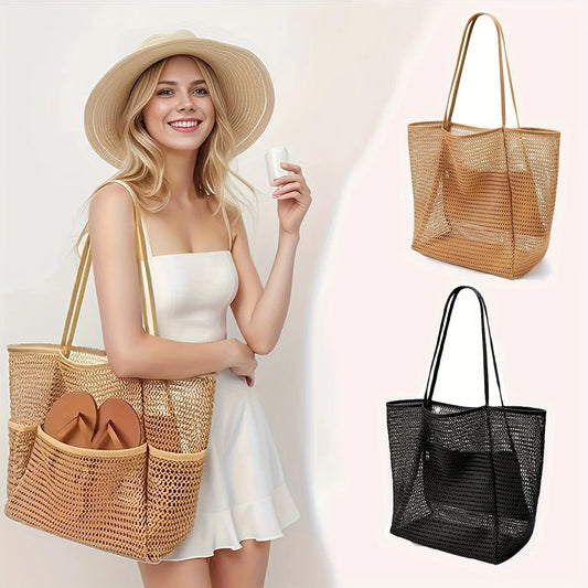 Women's Large Capacity Beach Tote Bag - Durable Polyester Woven Shoulder Bag