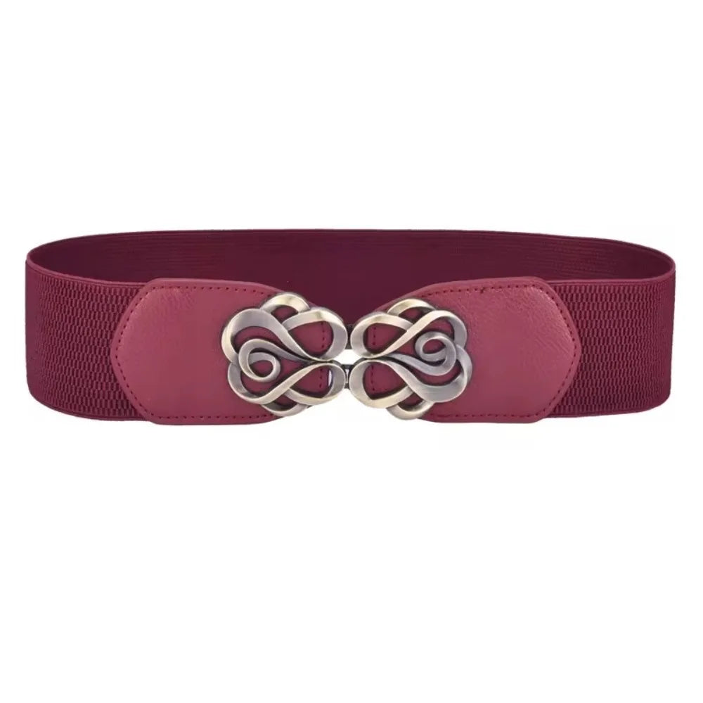 Women Leather Belt for Dress Elastic Brass Retro Buckle Overcoat